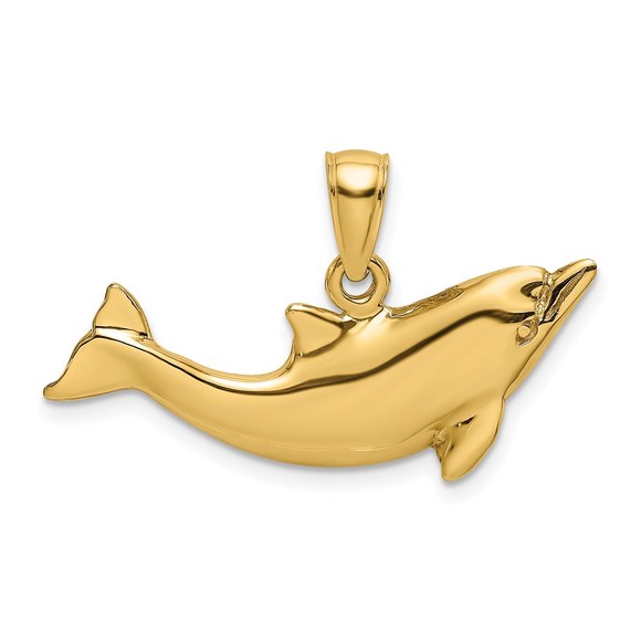 14k Yellow Gold Polished Dolphin Nautical Sea Life Necklace Charm Pendant - Picture 1 of 4